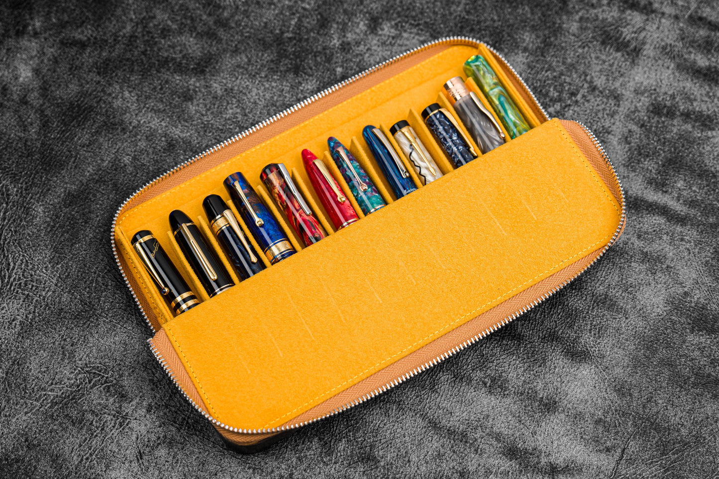 Leather Zippered Magnum Opus 12 Slots Hard Pen Case with Removable Pen Tray - Crazy Horse Honey Ochre