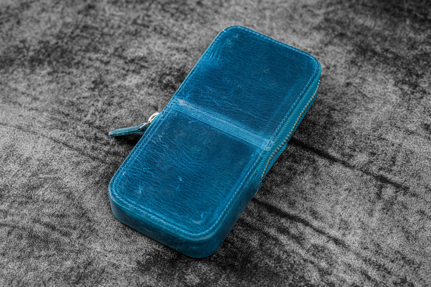 Leather Zippered Magnum Opus 3 Slots Hard Pen Case with Removable Pen Tray - C. H. Ocean Blue