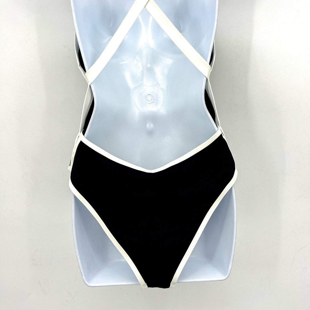 L*SPACE Women's Ribbed Baewatch One Piece Swimsuit Small Black Cream NWT