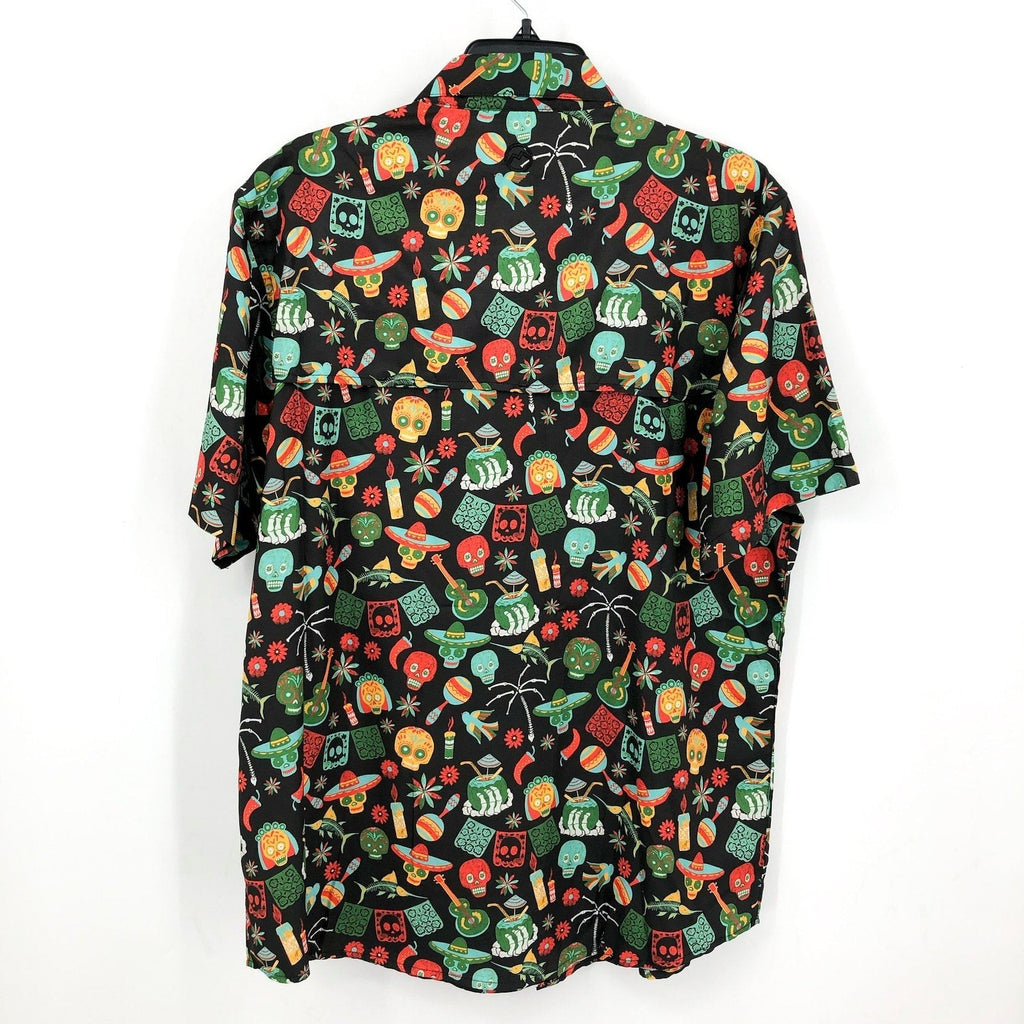 MAGELLAN Dia De Los Muertos Print Short Sleeve Fishing Shirt Small Black NWOT
