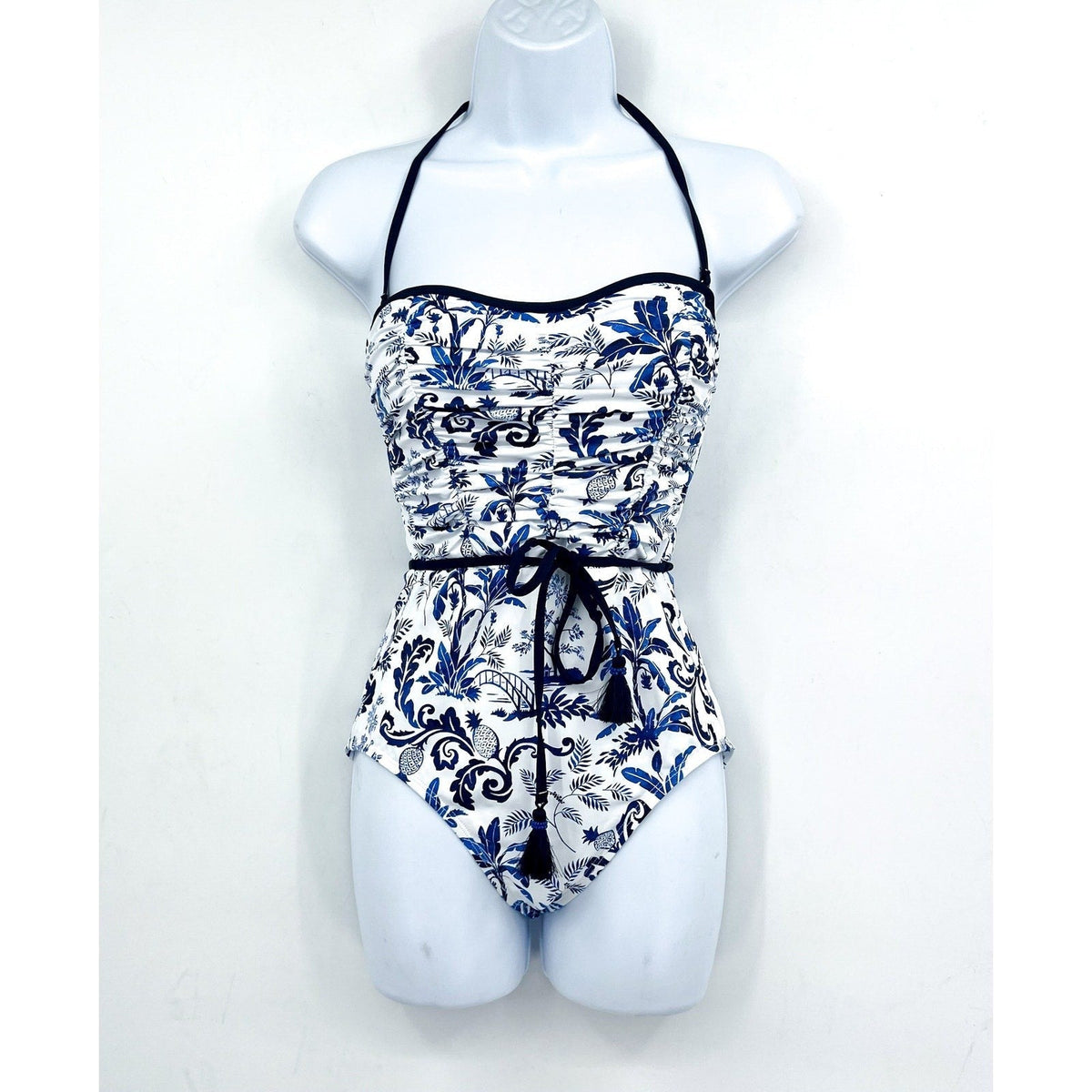 TOMMY BAHAMA Terrazzo Tile Bandeau One Piece Swimsuit Size 14 Blue Floral NWT