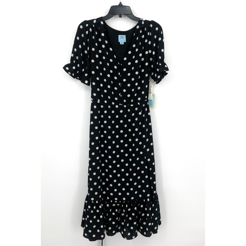 CECE Womens Polka Dot Midi Dress Size 12 Black White Tie Waist Button Front NWT