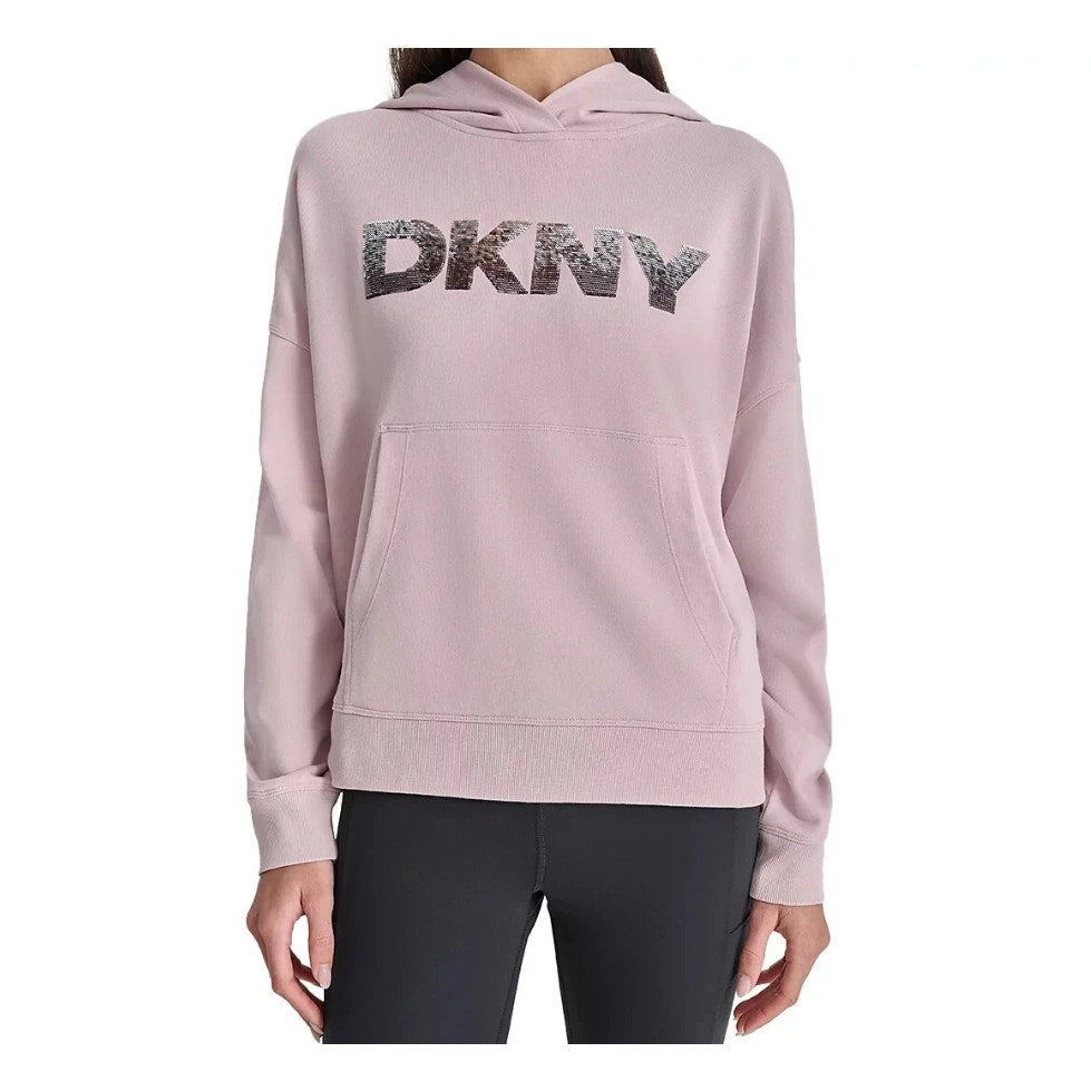 DKNY Women's Sequin Fleece Hoodie Medium Pink Allure Pullover Sweatshirt NWT