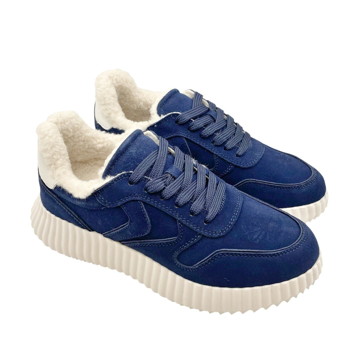 Steve Madden Womens Shereen-Fur Lined Sneakers Size 7.5 Navy Blue Suede NIB