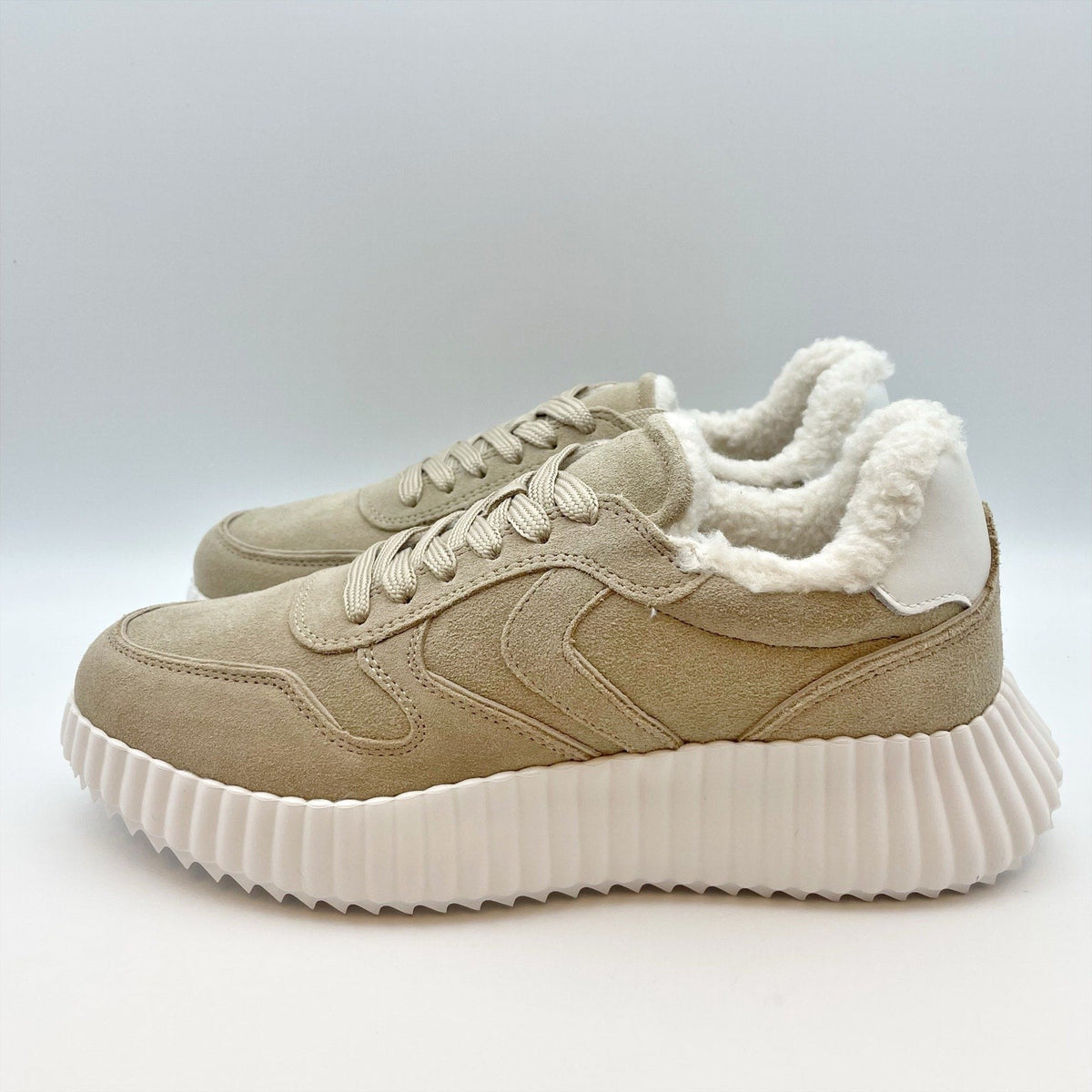 Steve Madden Womens Shereen-Fur Lined Sneakers Size 8 Taupe Tan Suede NIB