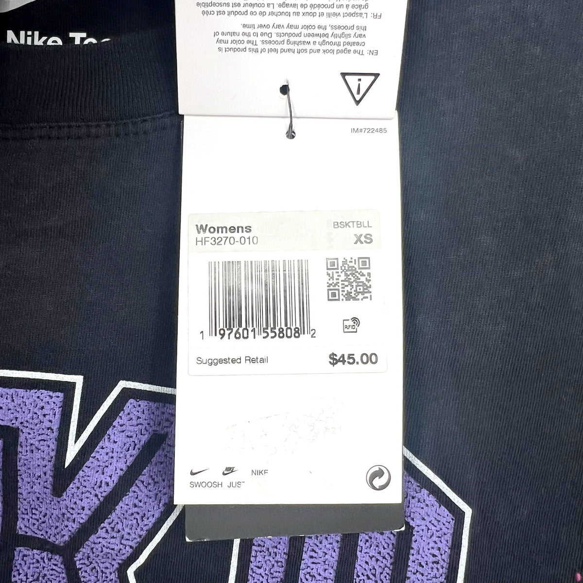 NIKE Women's Basketball 1973 Graphic Tee XS Black/Purple Short Sleeve NWT