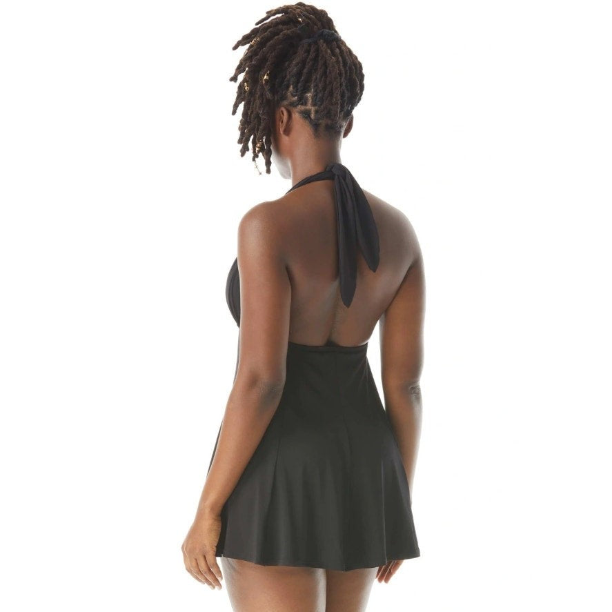 COCO REEF CONTOURS Athena Draped Halter Swim Dress 16-40C/D Black Heritage NWT