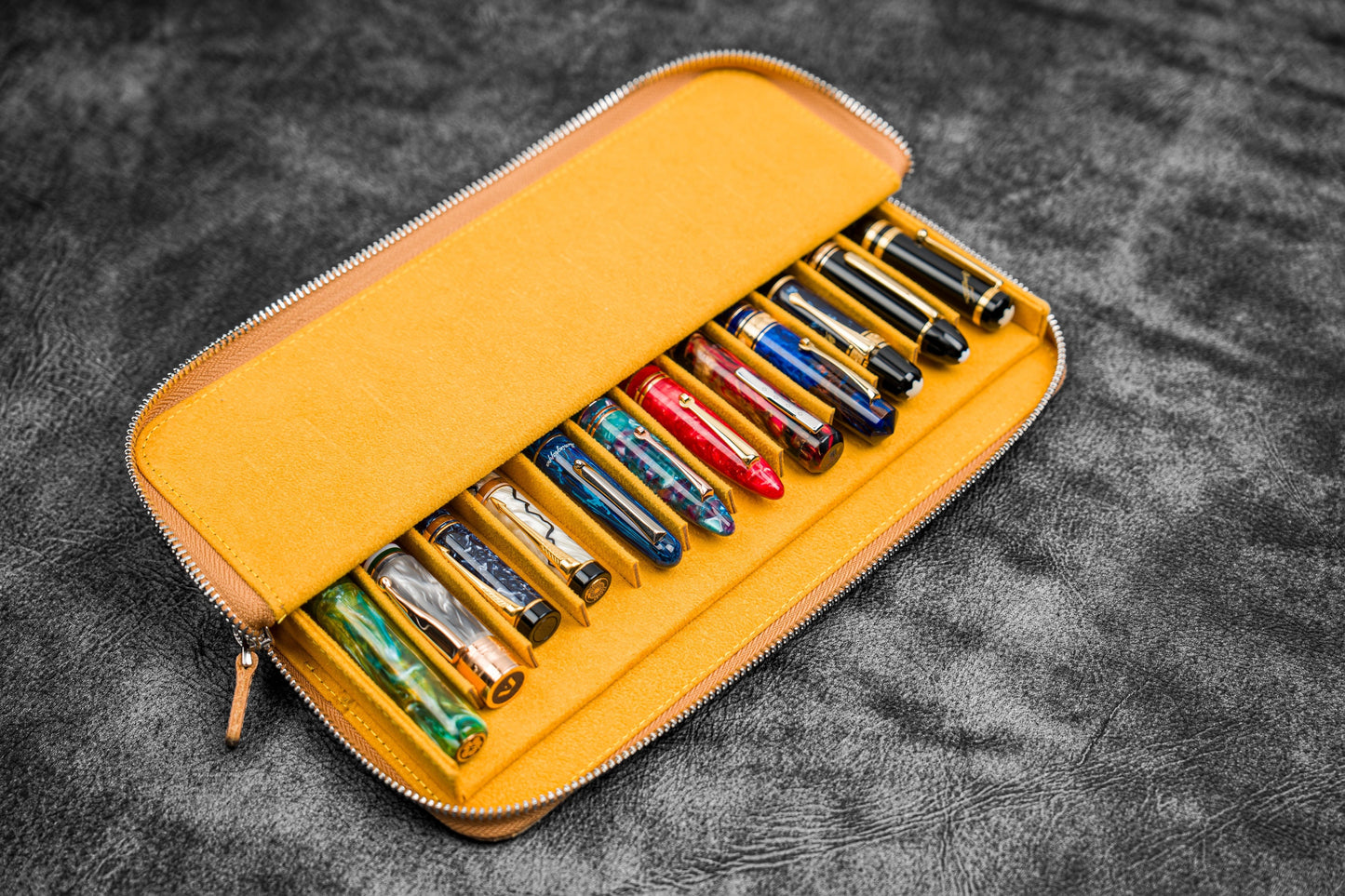 Leather Zippered Magnum Opus 12 Slots Hard Pen Case with Removable Pen Tray - Crazy Horse Honey Ochre
