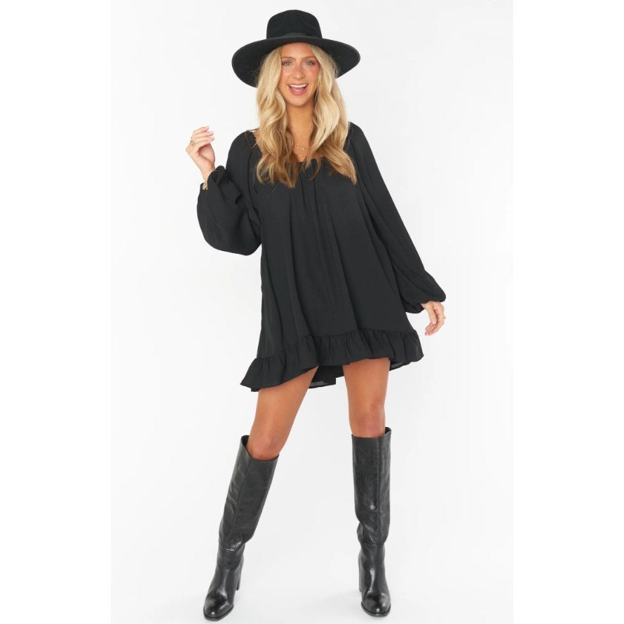 SHOW ME YOUR MUMU Women's Briar Mini Dress Medium Black Ruffle Long Sleeve NWT