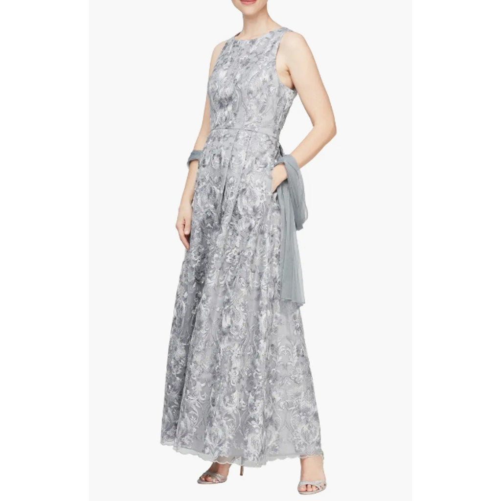 ALEX EVENINGS Embroidered Sleeveless Formal Gown Size 6 Pewter Silver NWOT