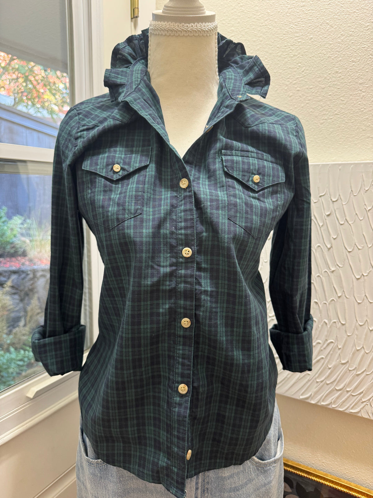 Mini Brandy Drop - Brand New Brandy Melville - Blue and Green Plaid Long Sleeves - XS
