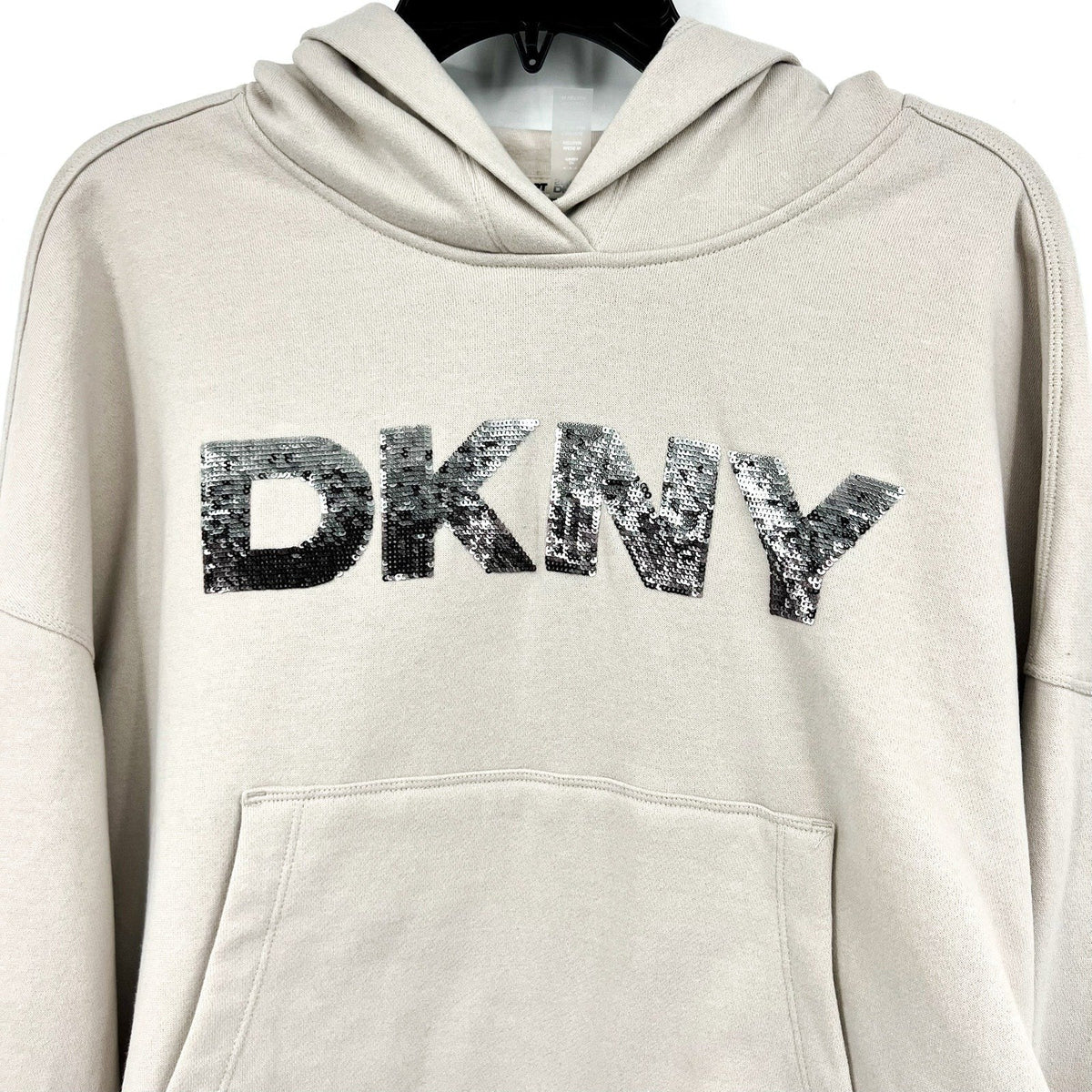 DKNY Women's Sequin Hoodie Medium Taupe Beige Pullover Sweatshirt NWT
