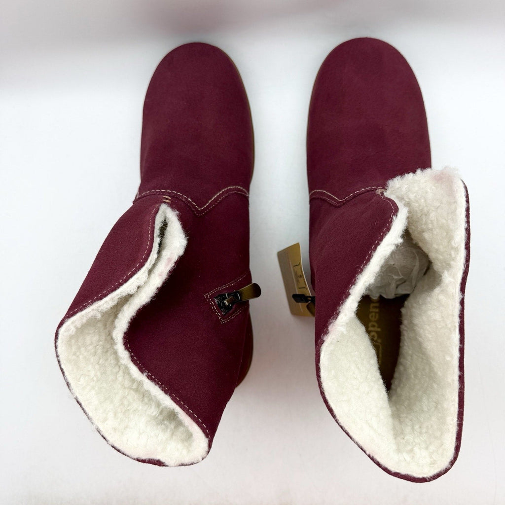 Spenco Womens Sun Valley Ankle Boots Size 6.5 Red Burgundy Suede Sherpa Line NIB