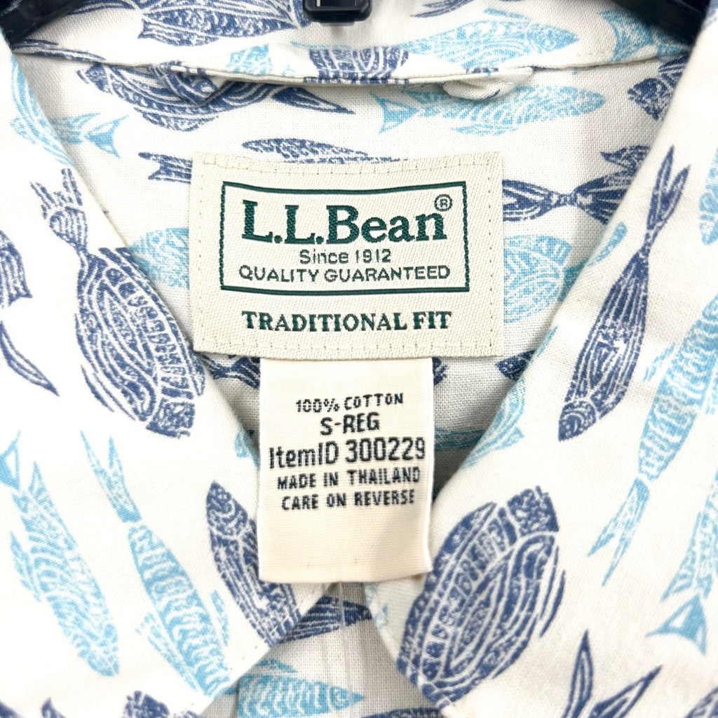 L.L. BEAN Mens Short-Sleeve Tropics Print Shirt Small White Blue Cotton NWT