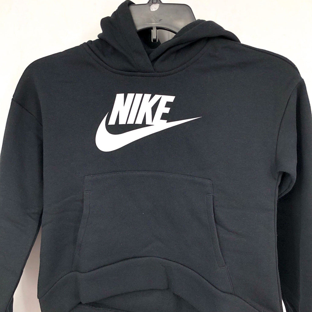 NIKE Girls Club Fleece Pullover Hoodie Club XS Black White Sweatshirt NWT