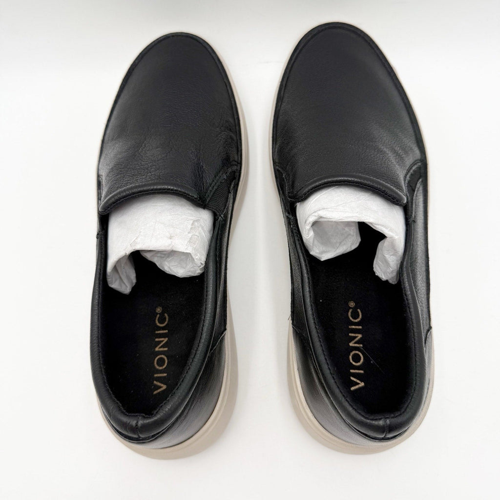 Vionic Womens Kearny Sneakers Size 8.5 Wide Black Leather Slip-On NWOB