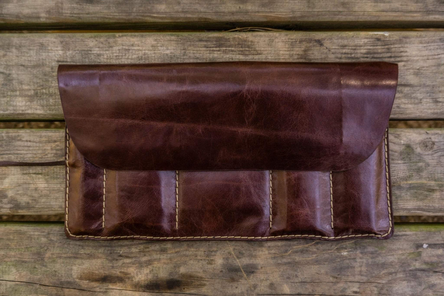 Personalized Leather Pen Roll - Brown