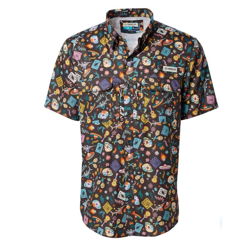 MAGELLAN Mens Dia De Los Muertos Fishing Shirt Medium Black Short Sleeve NWOT