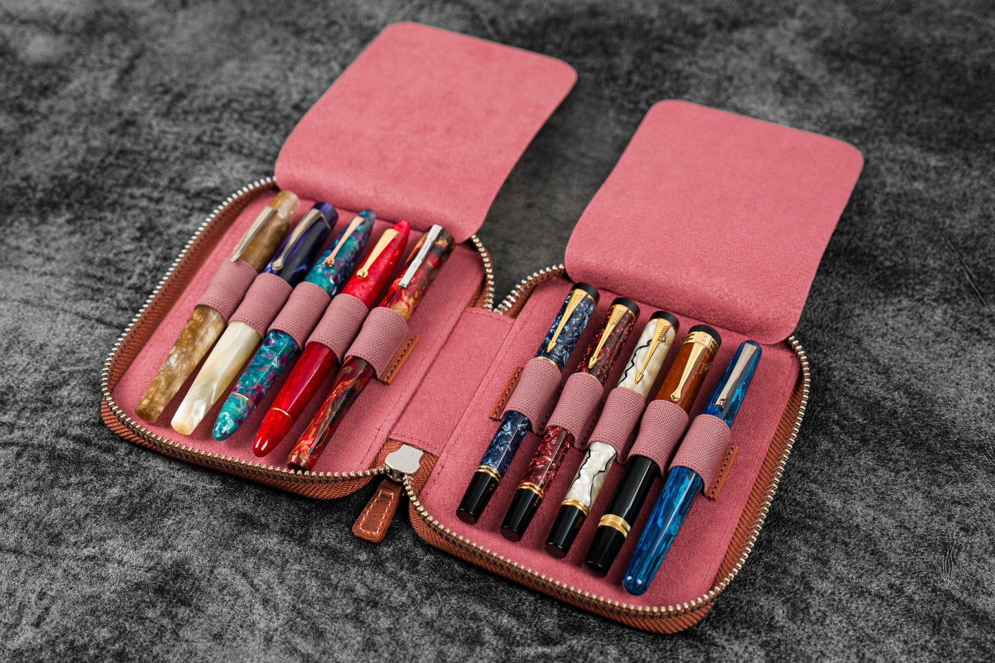 Leather Zippered 10 Slots Pen Case - C.H. Orange