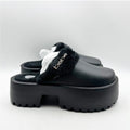 BEBE Women's Platform Slides Size 7 Black Faux Fur Collar Rhinestone Logo NWOB