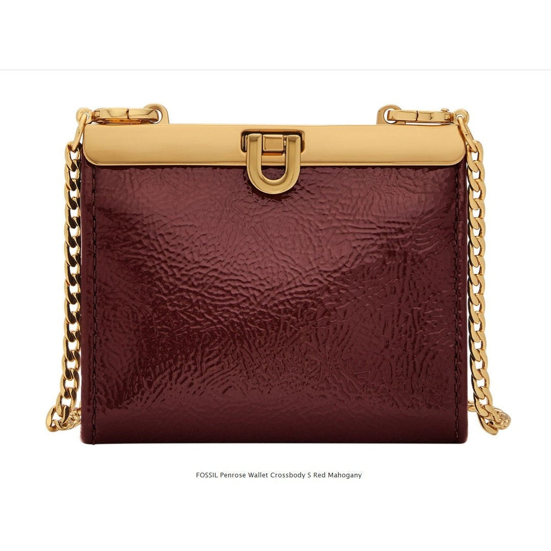 FOSSIL Penrose Wallet Crossbody Bag Small Red Mahogany Chain Strap NWT