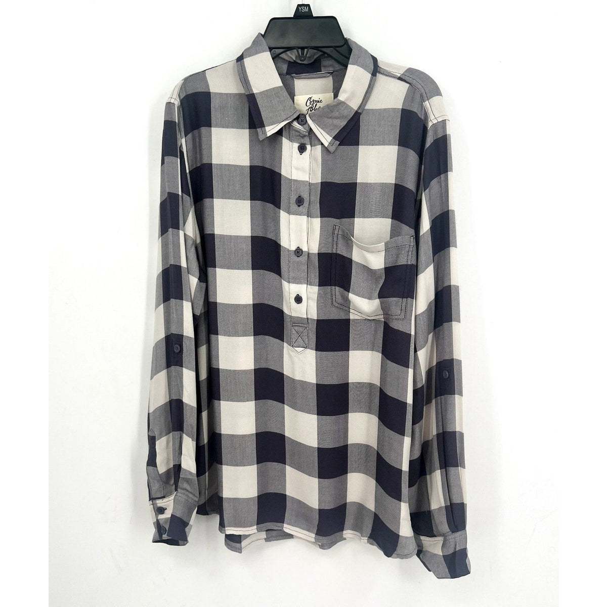 STITCH FIX COSMIC BLUE LOVE Popover Top Shirt Medium Grey White Check NWT