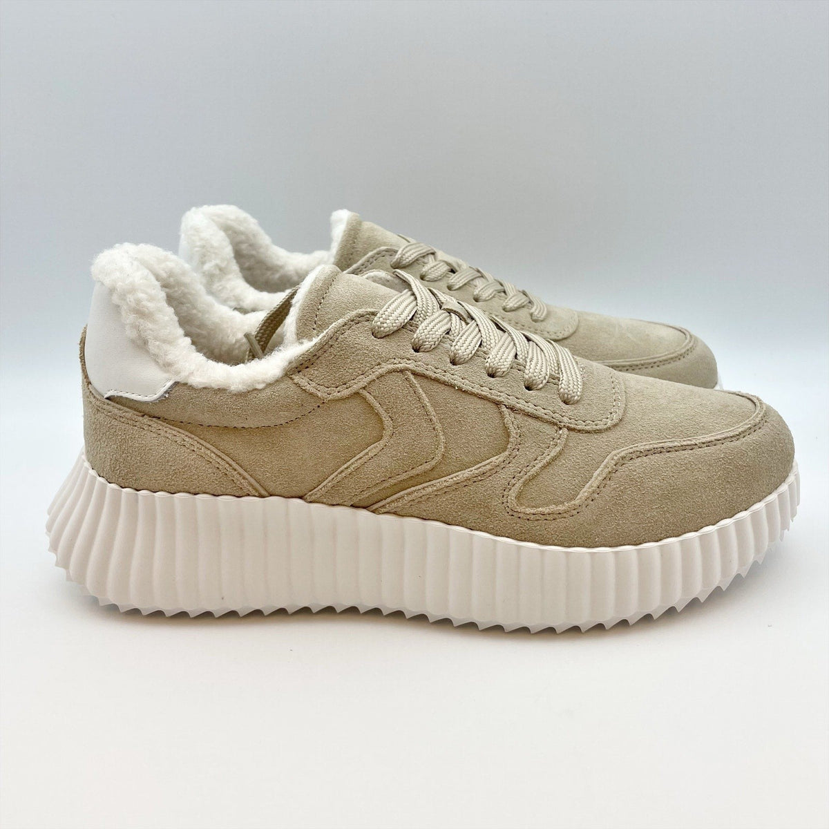 Steve Madden Womens Shereen-Fur Lined Sneakers Size 8 Taupe Tan Suede NIB
