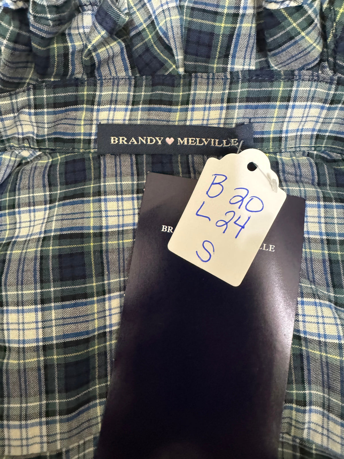 Mini Brandy Drop - Brand New Brandy Melville - Blue, green and white Plaid Long Sleeves - Small