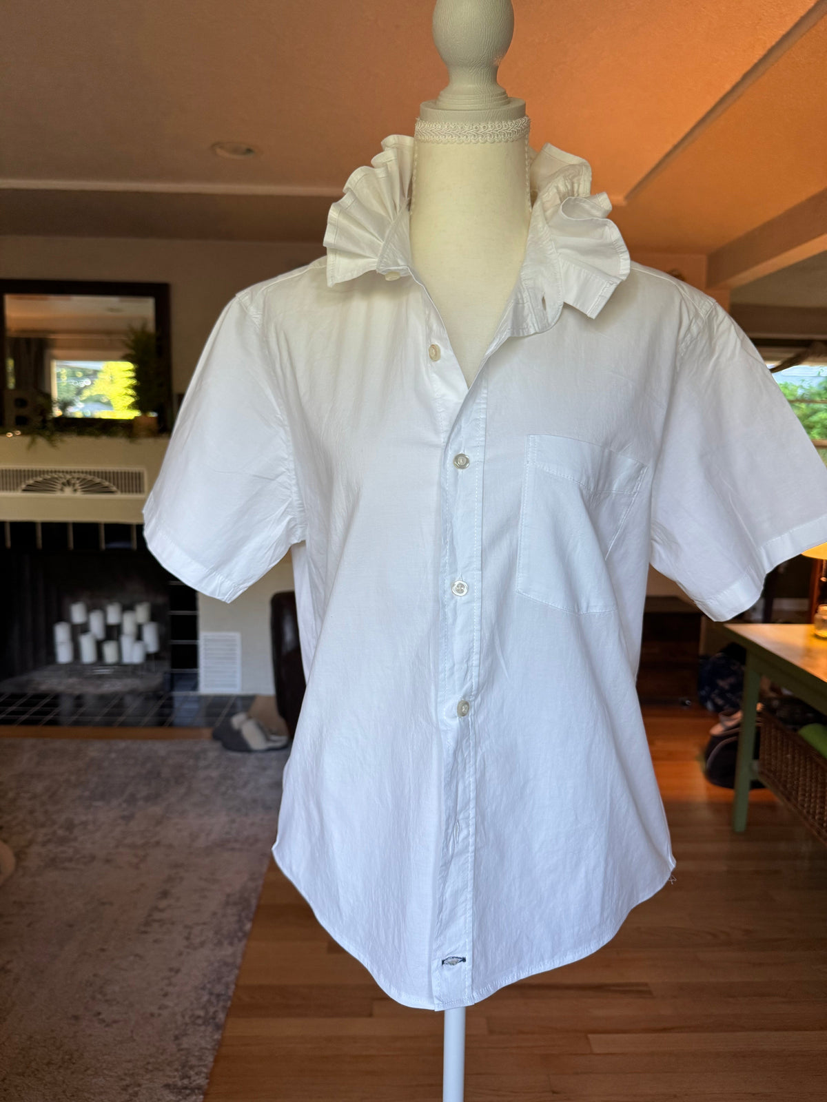 Bailey - White - Brand New Gap Upcycled Men's shirt with Ruffle Collar Short Sleeve