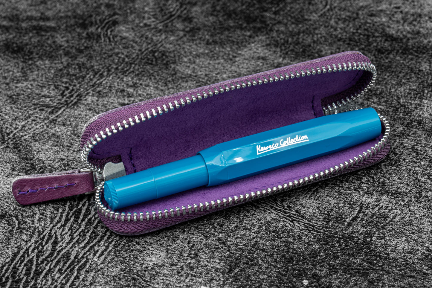 Leather Zippered Single Pen Case for Kaweco - Pocket Pen - Crazy Horse Purple
