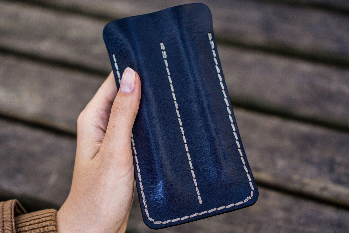 Leather Double Fountain Pen Case / Pen Sleeve - Navy Blue