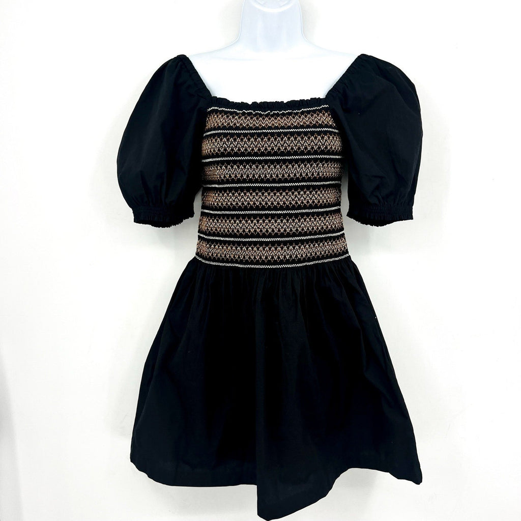 Madewell Womens Poplin Puff-Sleeve Mini Dress Small Black Smocked NU780 NWT