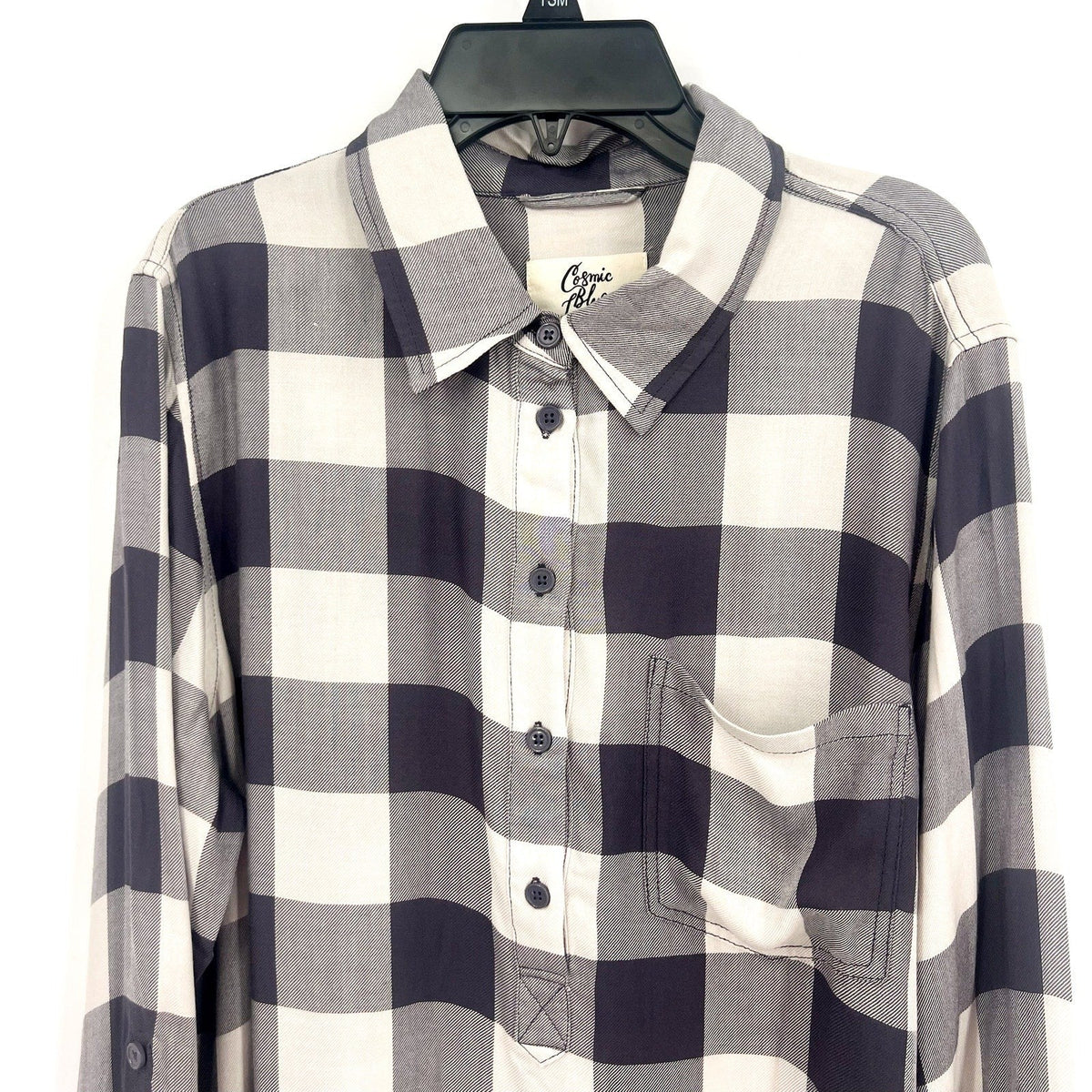 STITCH FIX COSMIC BLUE LOVE Popover Top Shirt Medium Grey White Check NWT