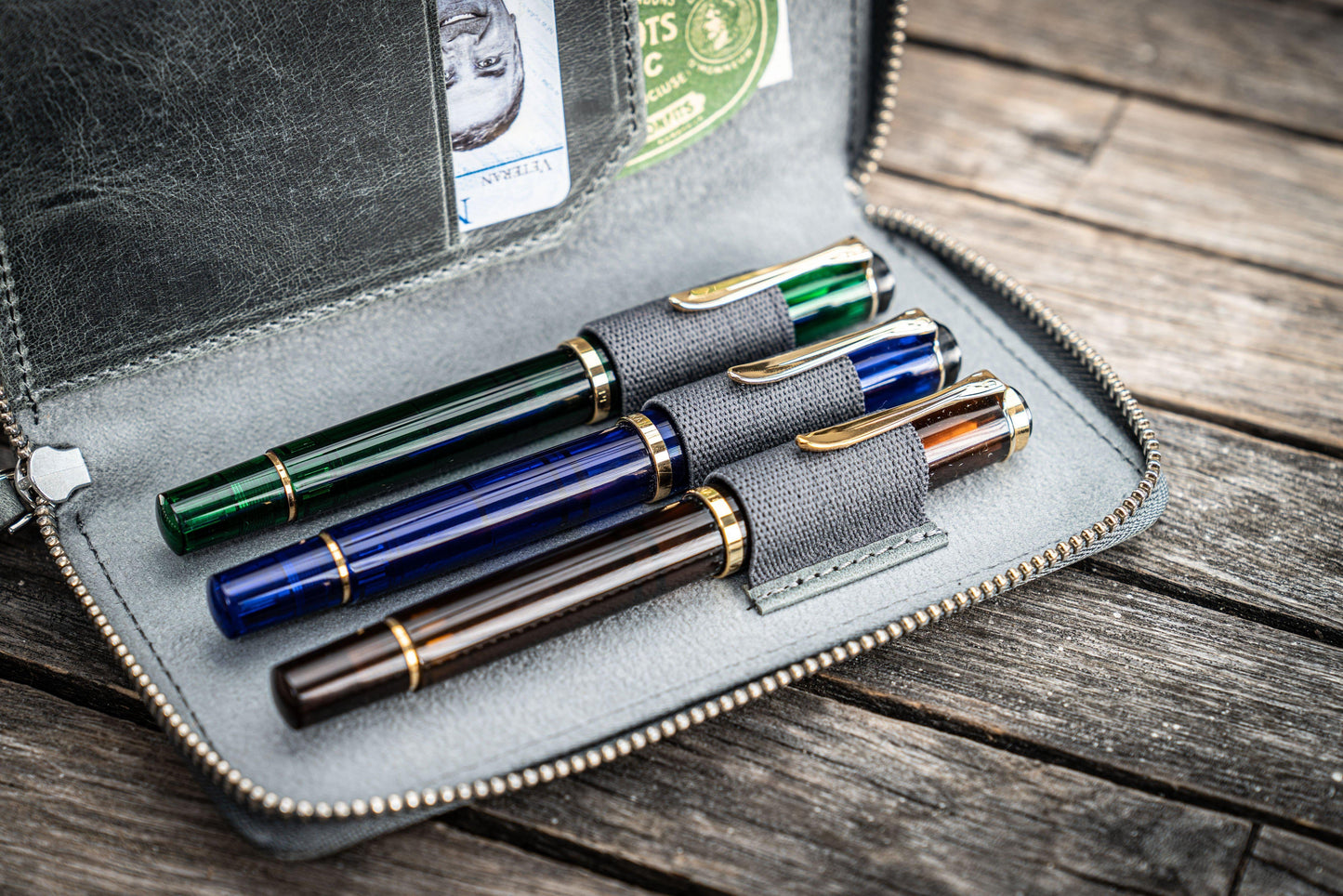 Leather Zippered 3 Slots Pen Case - Crazy Horse Smoky