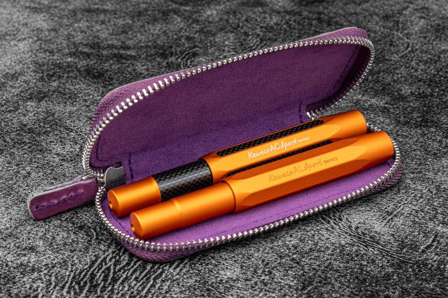 Leather Zippered Double Pen Case for Kaweco - Pocket Pen - Crazy Horse Purple