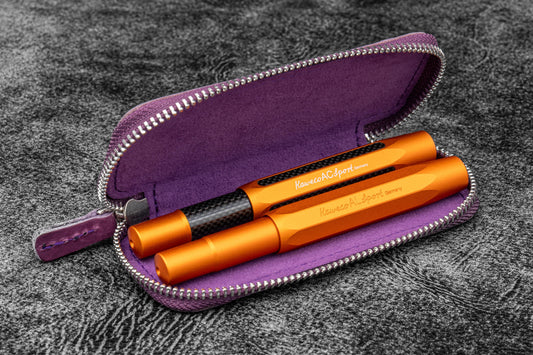 Leather Zippered Double Pen Case for Kaweco - Pocket Pen - Crazy Horse Purple