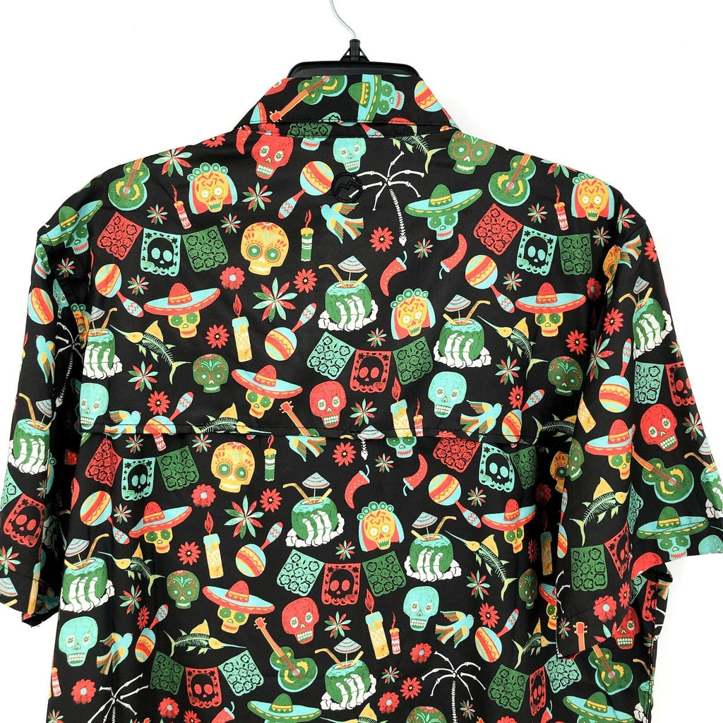 MAGELLAN Dia De Los Muertos Print Fishing Shirt Medium Black Short Sleeve NWOT
