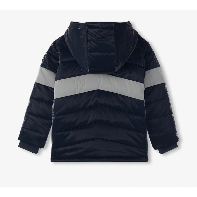 HATLEY Boys Shark Skin Puffer Jacket Size 8 Navy Blue Colorblock Hooded NWT