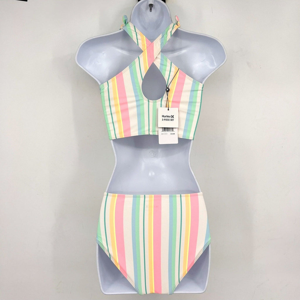 HURLEY Girl's Crossback Tankini 2-Piece Bikini Set Size 8 Pastel Striped NWT