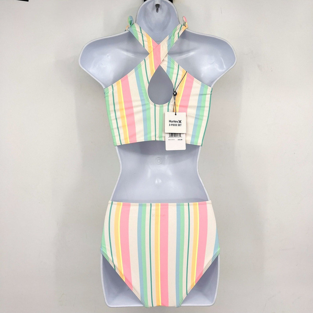 HURLEY Girl's Crossback Tankini 2-Piece Bikini Set Size 8 Pastel Striped NWT