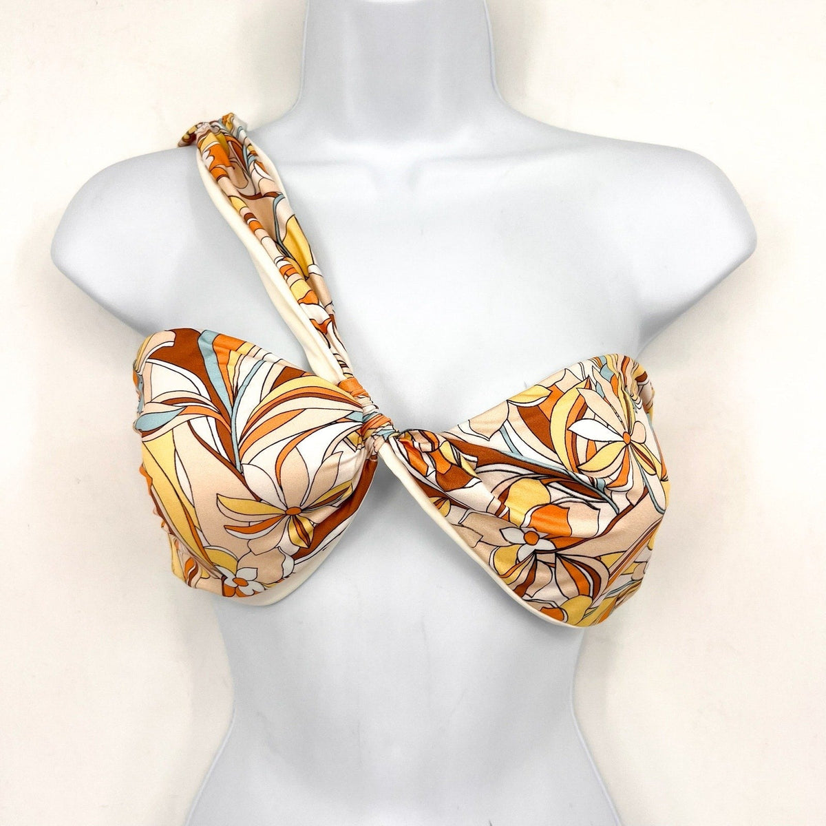 L*Space Womens Mick Bikini Top XL Yellow Mod Print Floral One Shoulder NWOT