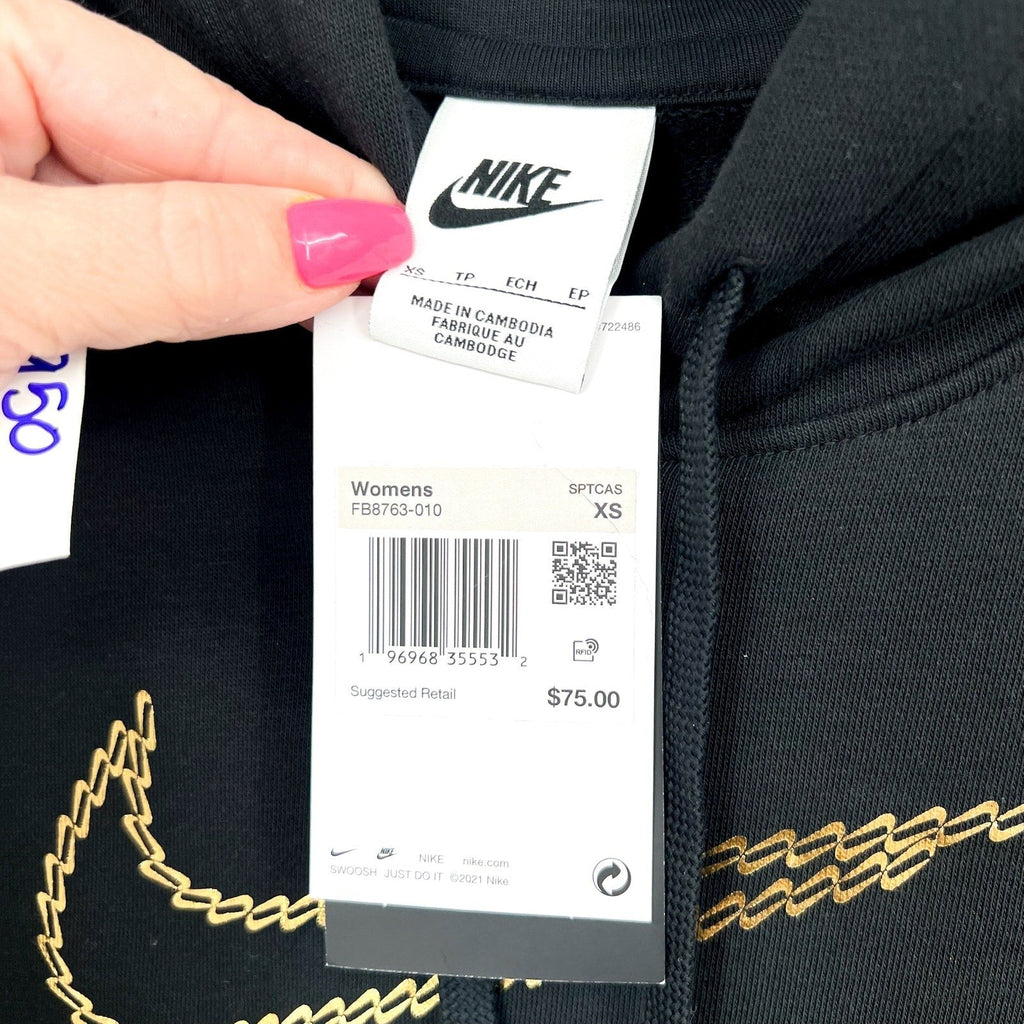 Nike Womens Sportswear Club Premium Hoodie XS Black Loose Shine Sweatshirt NWT