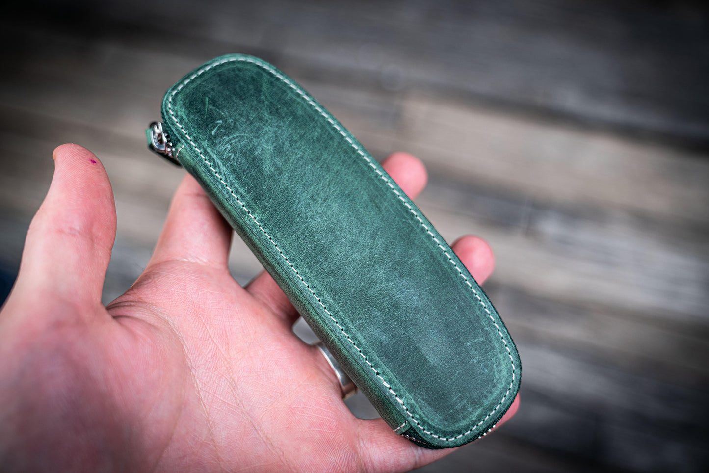 Leather Zippered Duo Slim Pen Case for 2 Pens - Crazy Horse Forest Green