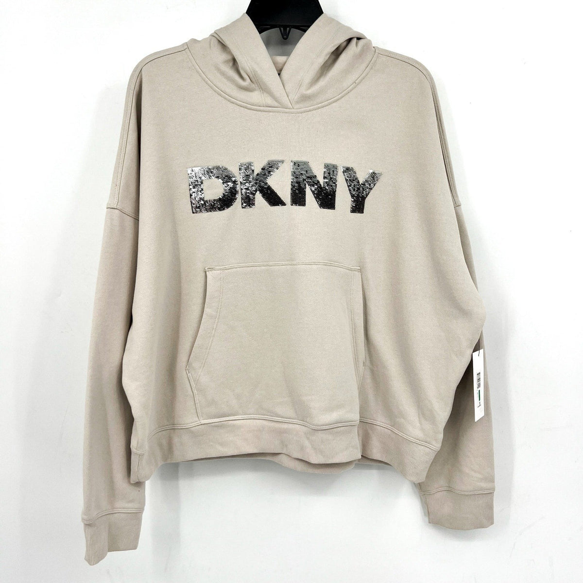 DKNY Women's Sequin Hoodie Medium Taupe Beige Pullover Sweatshirt NWT