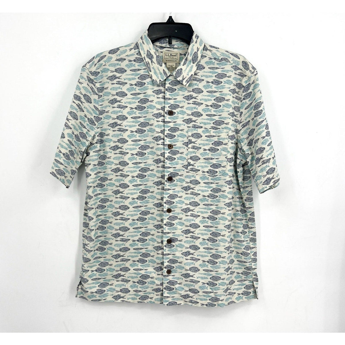 L.L. BEAN Mens Short-Sleeve Tropics Print Shirt Small White Blue Cotton NWT