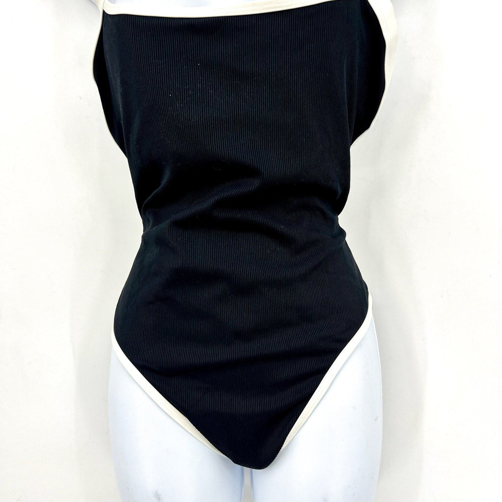 L*SPACE Women's Ribbed Baewatch One Piece Swimsuit Small Black Cream NWT