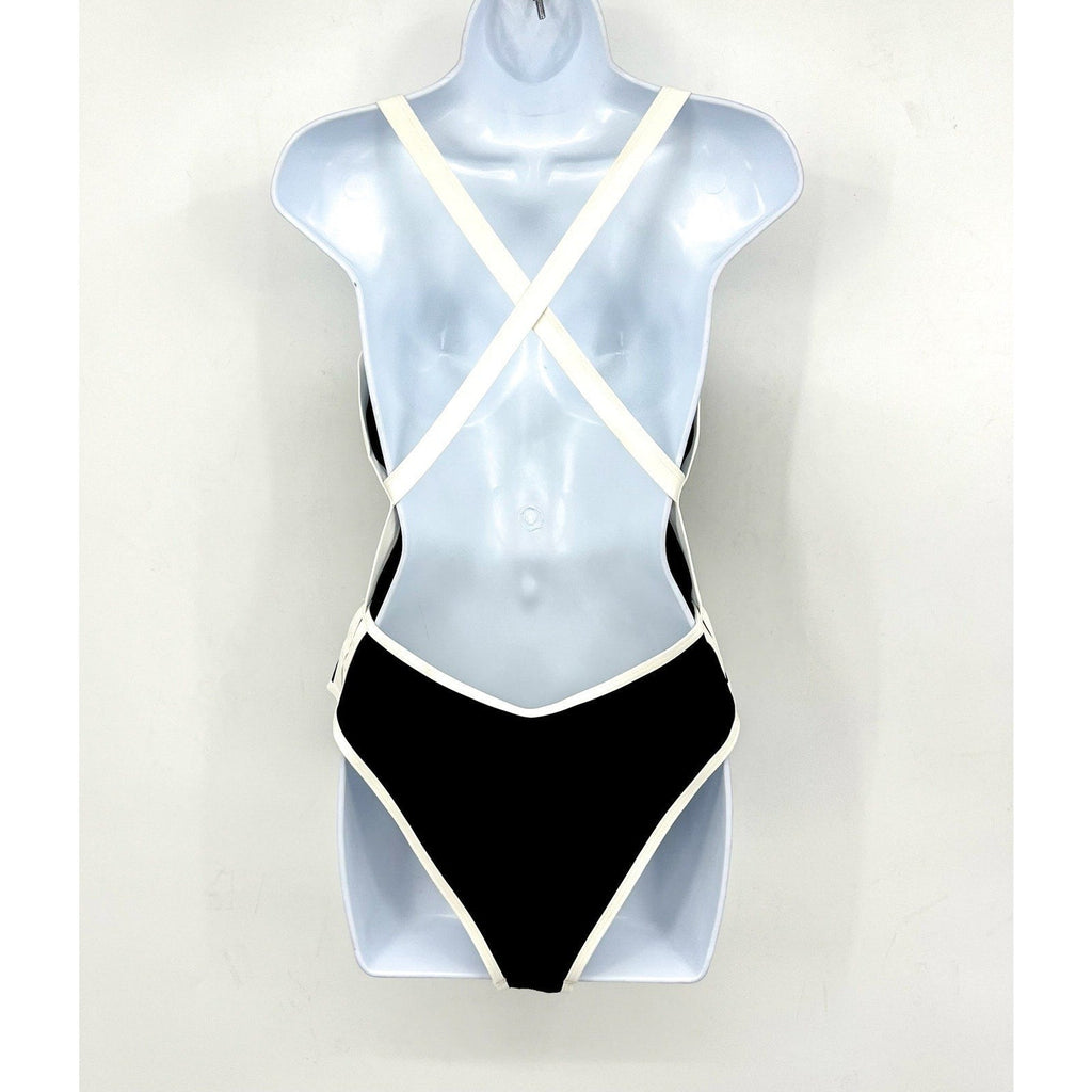 L*SPACE Women's Ribbed Baewatch One Piece Swimsuit Small Black Cream NWT