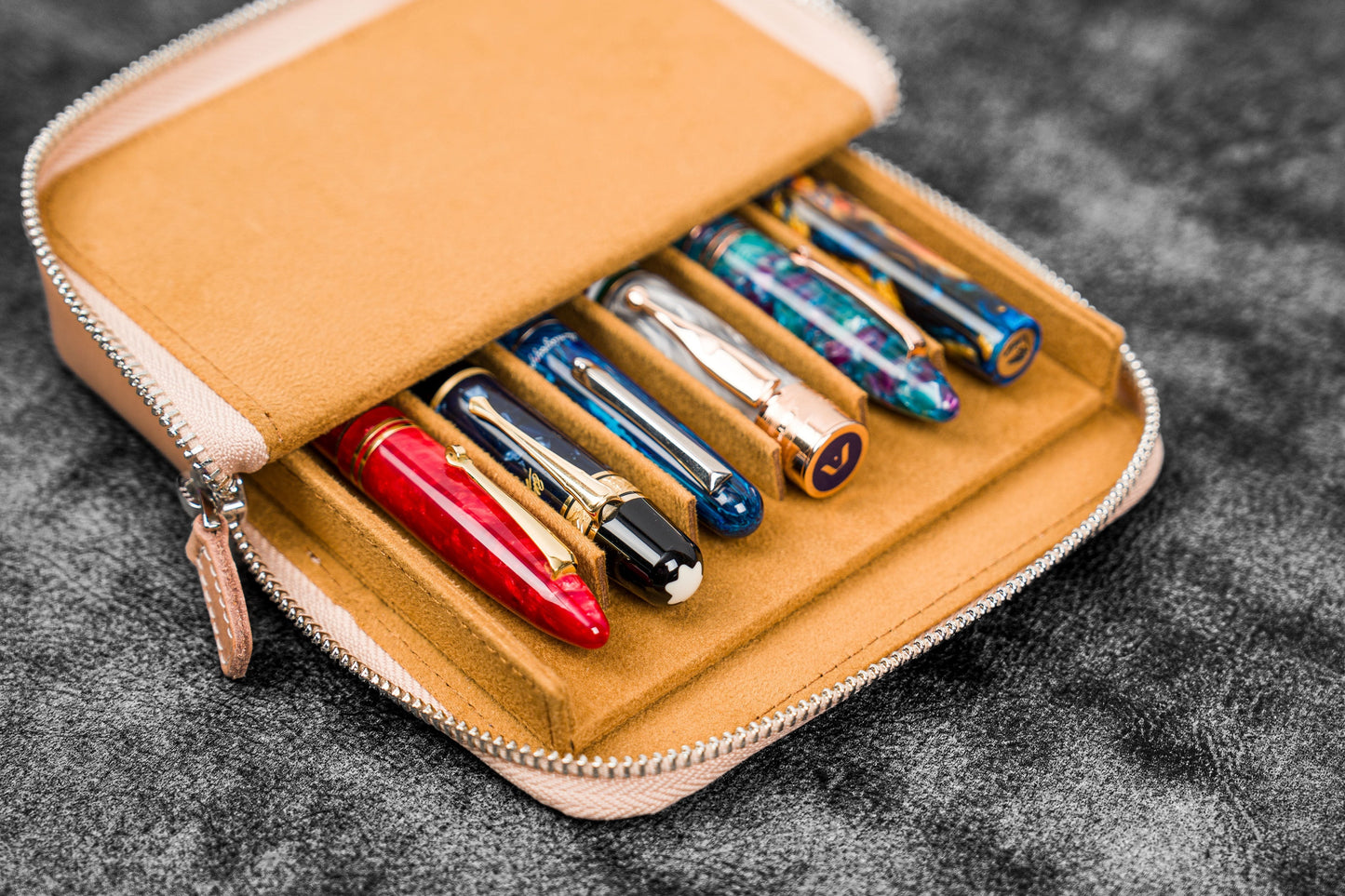 Leather Zippered Magnum Opus 6 Slots Hard Pen Case with Removable Pen Tray - Undyed Leather