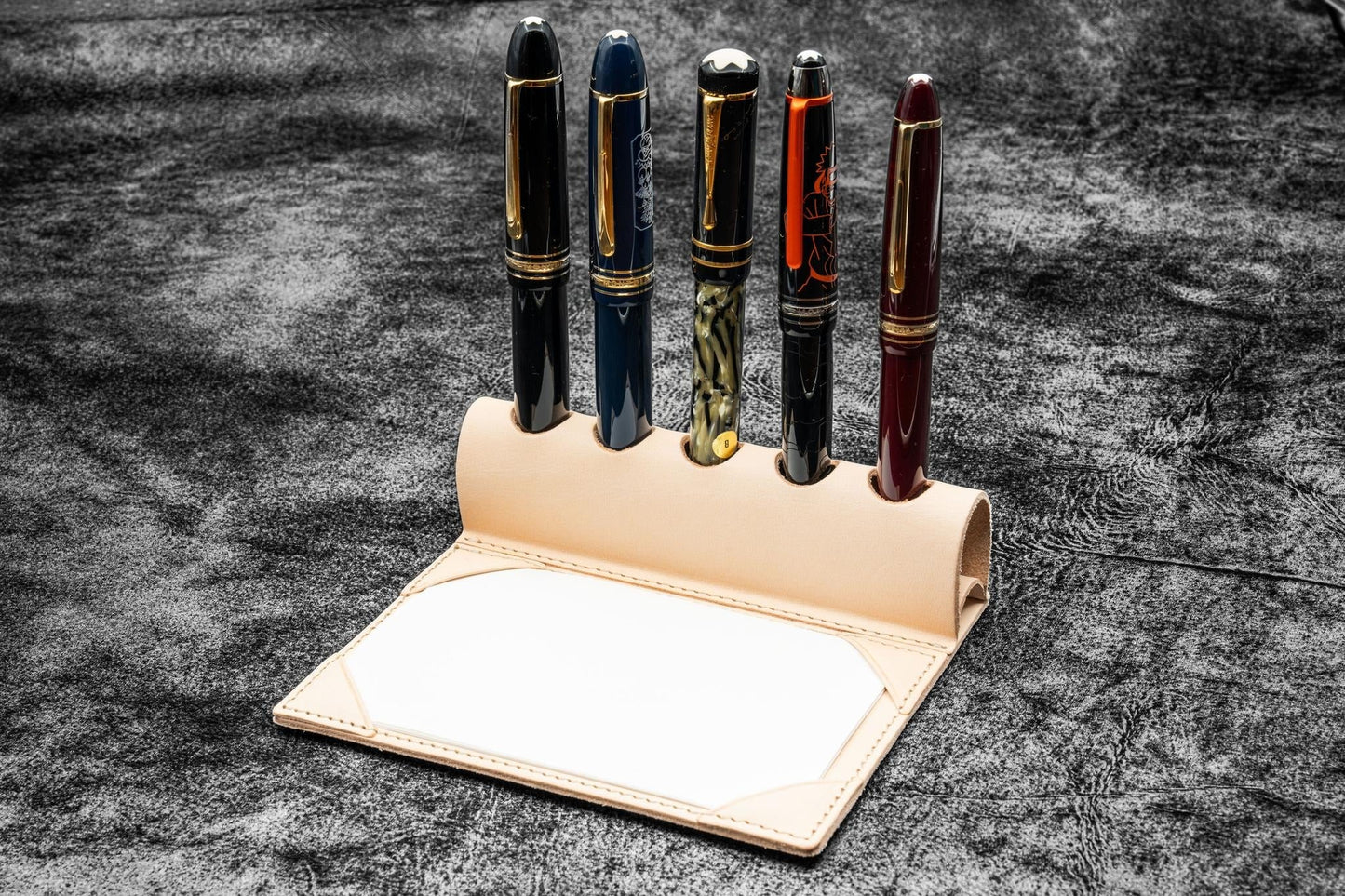 The Writer’s Pen Dock - 5 Slots Pen Stand with Notepad Holder - Undyed Leather