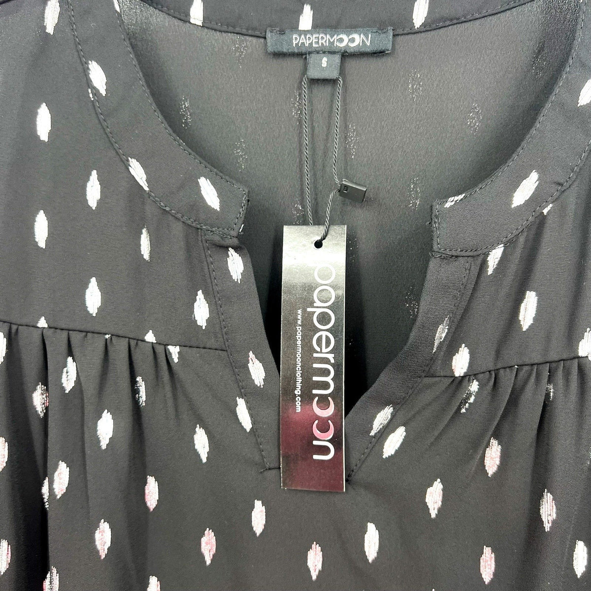 STITCH FIX - PAPERMOON Womens V Neck Blouse Small Black Silver Print NWT